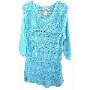 RuffHewn Women's M Aqua Crochet Linen Blend Cover-Up  NO BELT  Boho Beach